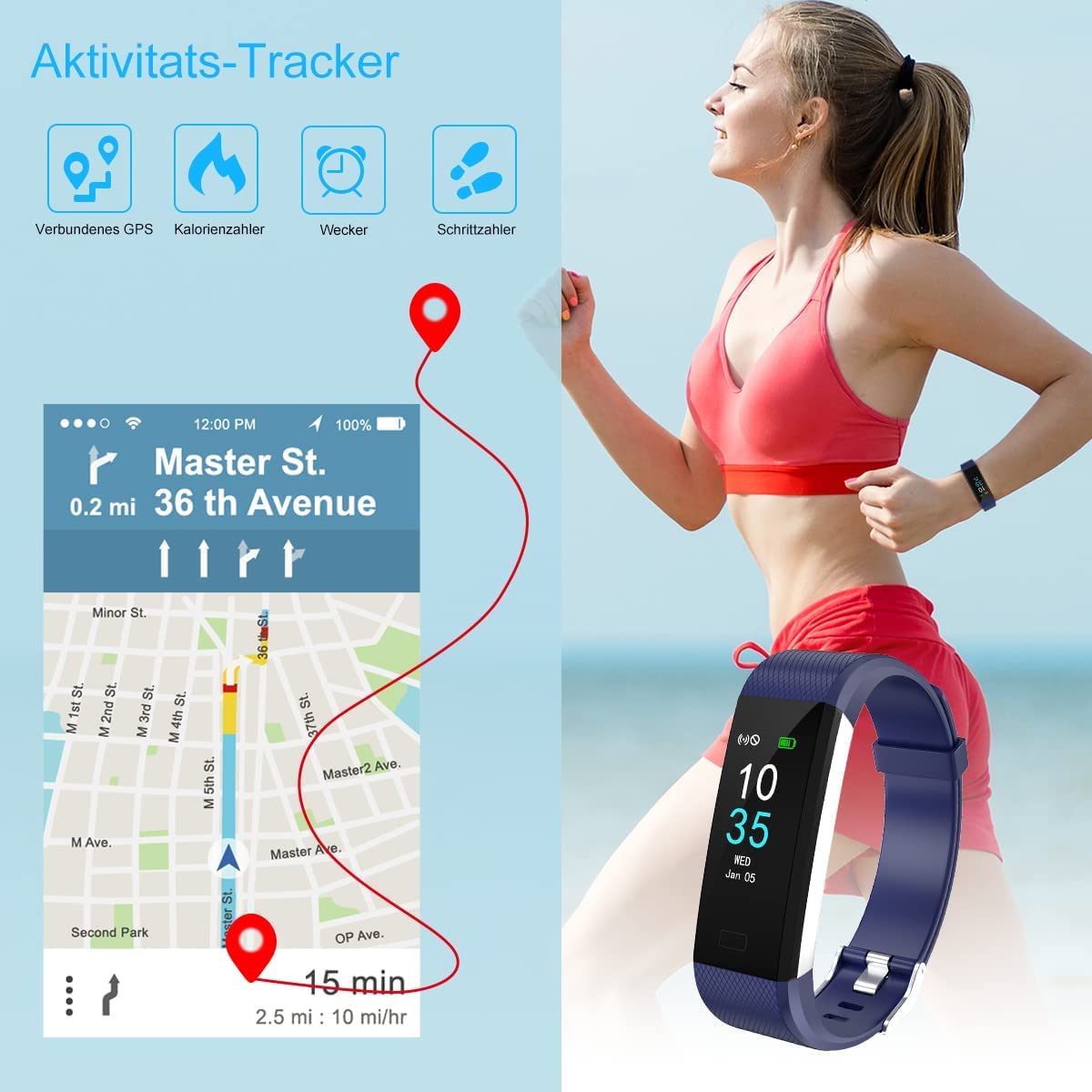 LEBEXY Braccialetto fitness impermeabile IP68, smartwatch con contapassi, contatore di calorie, GPS integrato, versione S2, blu