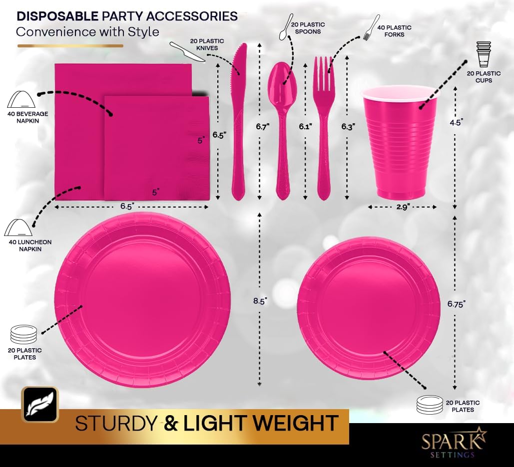 Bright Pink Party Supplies Set Paper Plates Plastic Cups Forks Knives Spoons Napkins Tablecloth Serves 20 Guests Disposable Dinnerware Set of 222 Pieces, Complete Tableware for Party -By SparkSettings