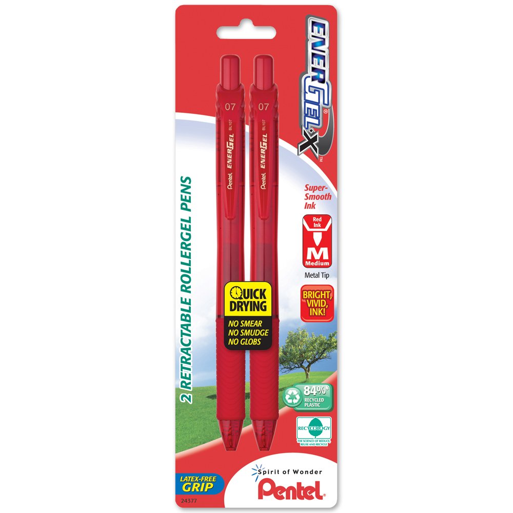 PentelEnerGel-X Retractable Liquid Gel Pen 0.7mm, Metal Tip, Medium, Red Ink, (2 Pack) (BL107BP2B)