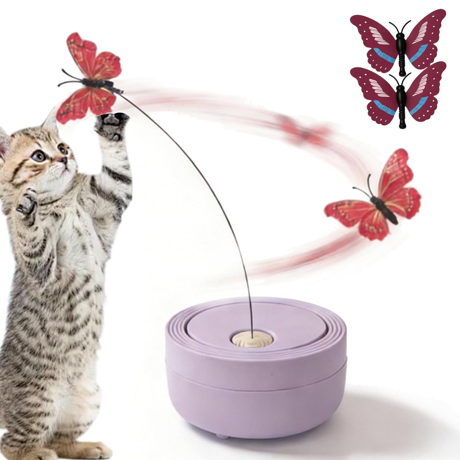Giocattolo interattivo per gatti a forma di farfalla, giocattolo elettrico automatico per gatti da interni, con rotazione a 360°, 2 sostituzioni, viola