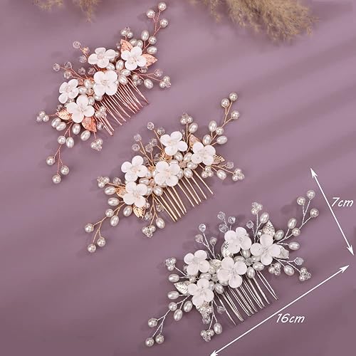Miniatura 6 de Peine de pelo de boda de flores, hojas de novia, perlas, peine lateral dorado y plateado con perlas de cristal, accesorios para el cabello para