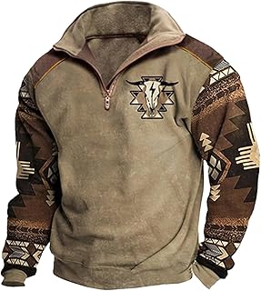 Western Sweatshirts for Men Aztec Ethnic Print Quarter Zip Pullover Fleece Hoodies Casual Stand Collar Sweatshirt