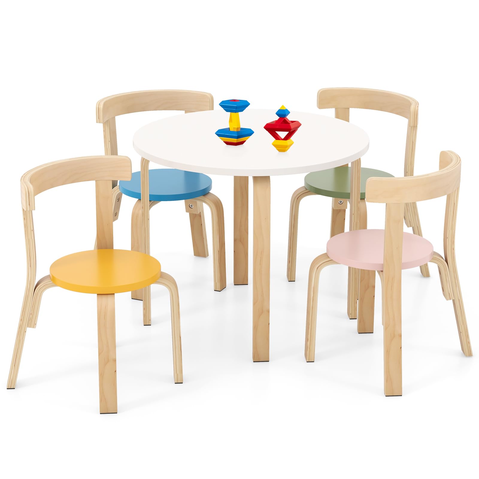 HONEY JOY Kids Table and Chair Set, Bentwood Toddler Round Table and 4 Chairs for Craft Art, Building Block, 5-Piece Children Furniture Set for