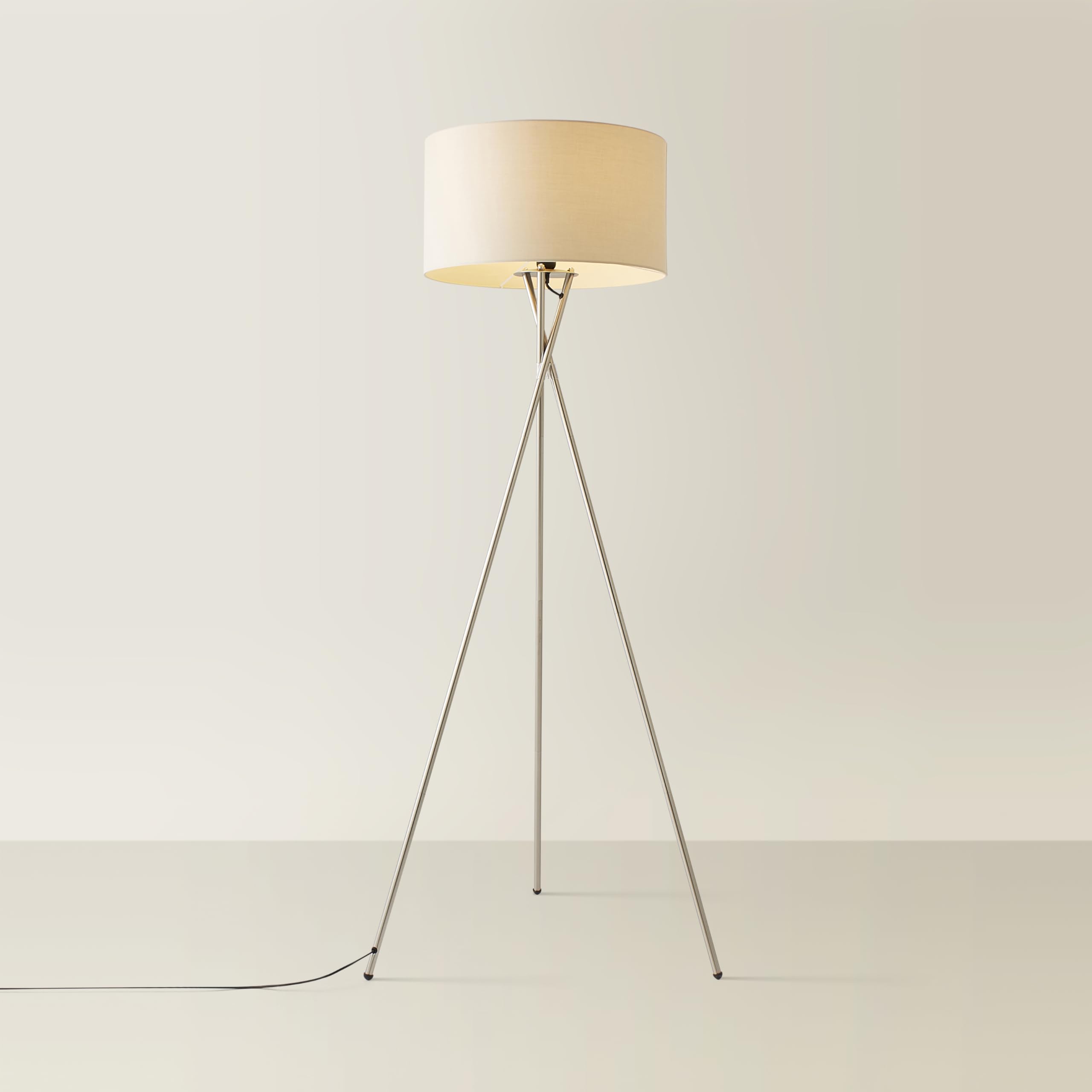 ValueLights Camden Tripod Floor Lamp Brushed Chrome Metal Beige Drum Shade
