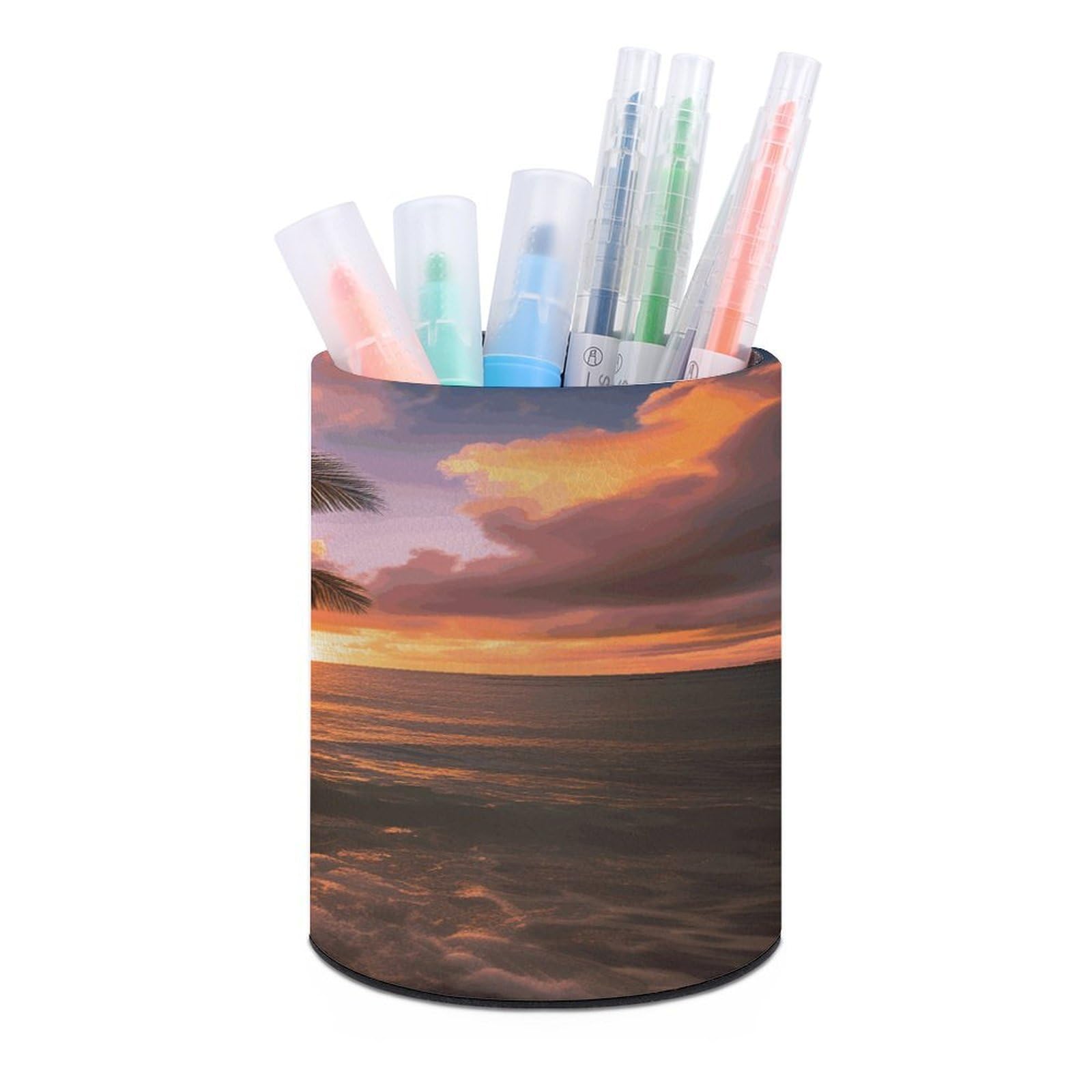 VstaDank Palm Tree Sunset Beach Pen Holder PU Leather Pencil Cup Minimalist Desk Pencil Holder Round Make Up Brush Organizers For Office Dorm Room&Vanity Desk Accessories