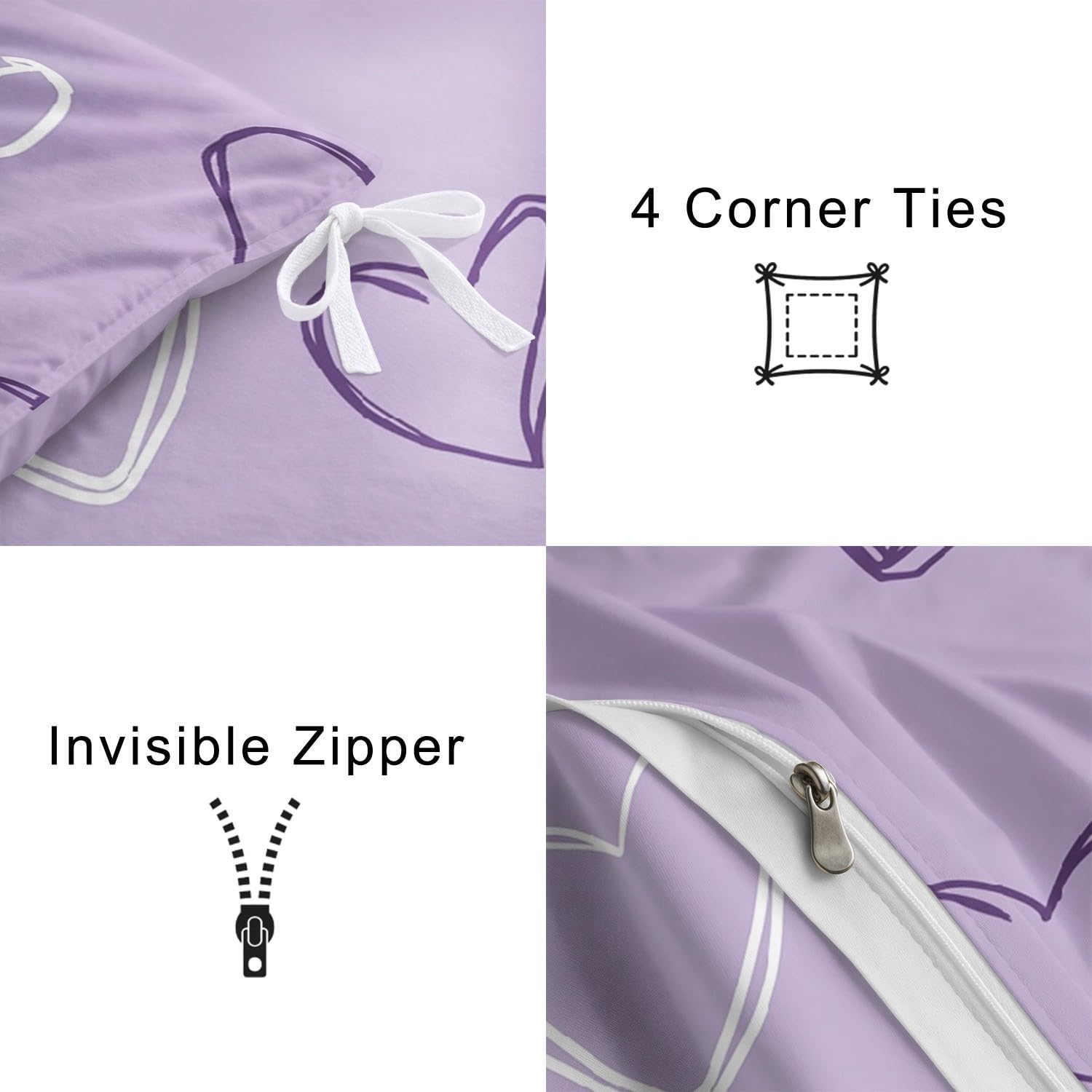 Generico Set Copripiumino Matrimoniale 260 x 240 cm, Carino Cuore per Bambini Ragazze, Viola, Minimal, Sacco Copripiumino Reversibile in Microfibra, Delicato sulla Pelle
