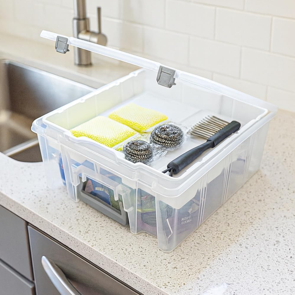 Best Kept 6899BK - Super Satchel Double Deep with Lift-Out Tray and Removable Dividers, Stackable Home Storage Organization Container, Clear with Sliver Latches and Handle