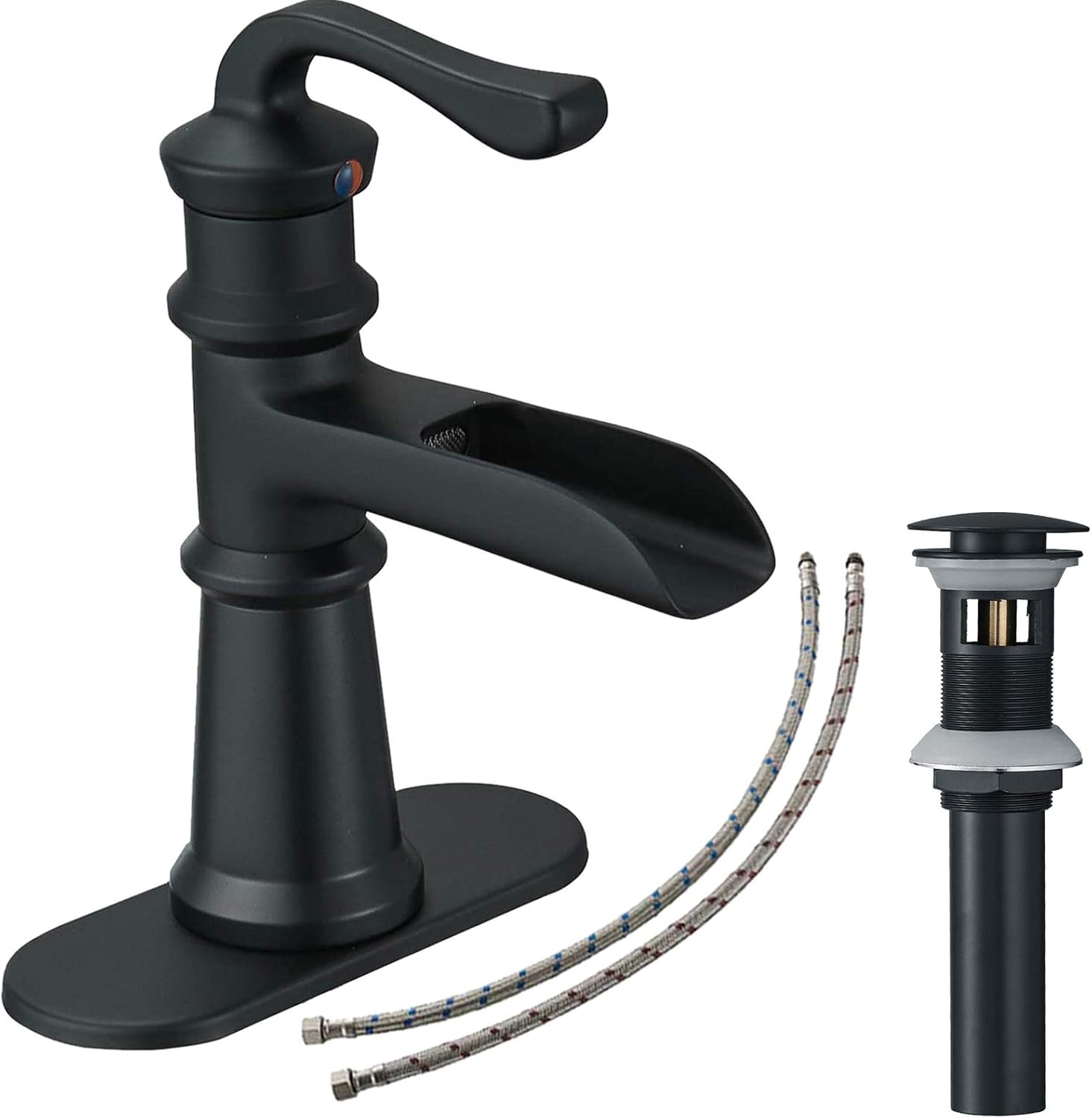 Lіmіtеd Stосk BATHLAVISH Black Waterfall Bathroom Faucet, Matte Black Bathroom Faucet, Black Bathroom Sink Faucet, 1 Hole Single Handle Farmhouse Lavatory Vanity RV with Pop Up Drain with Overflow cUPC