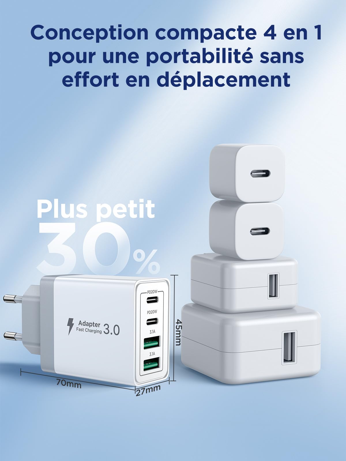 Aioneus Chargeur USB C, 40W 4 Port Prise USBC Chargeur Rapide iPhone, Multi Secteur PD+QC 3.1A Type C Adaptateur pour iPhone 17 16 15 14 13 12 11 Pro Max X XS XR 8 7 Plus Mini SE, iPad,Samsung Galaxy