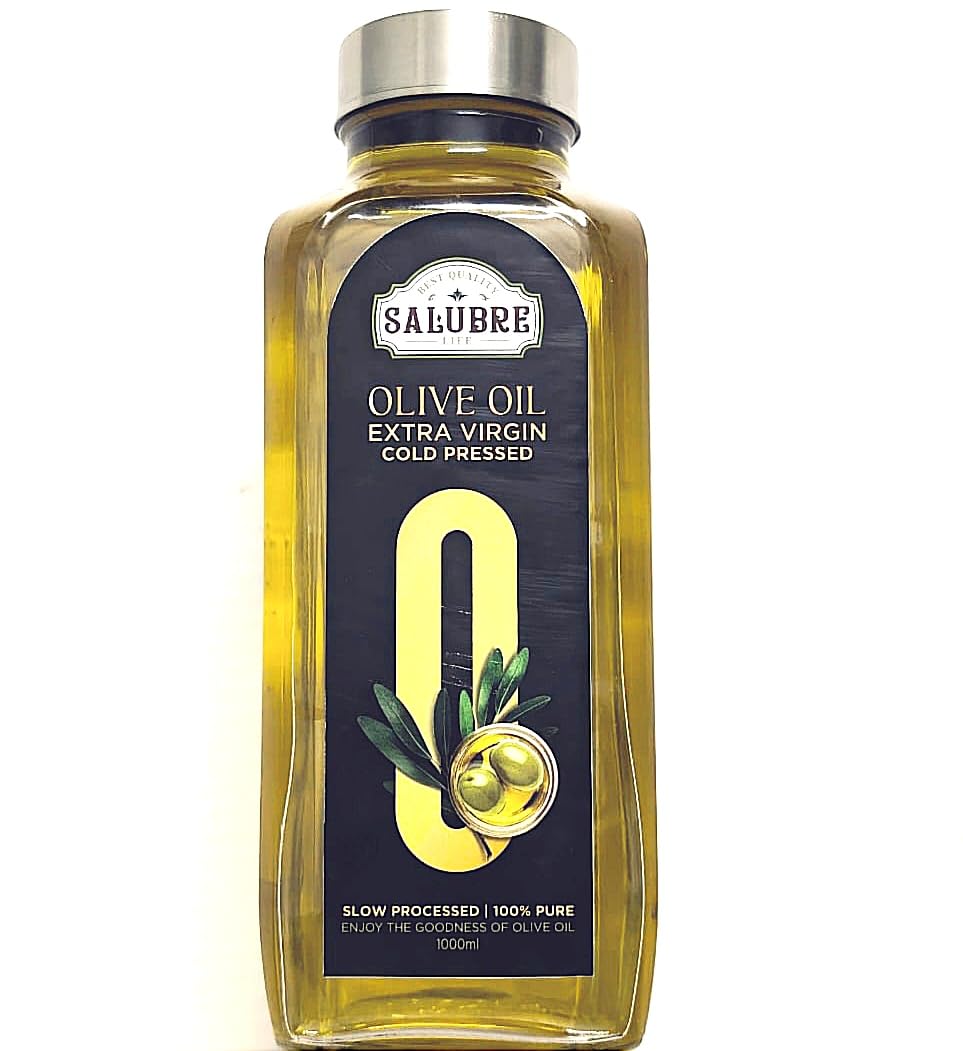 Salubre Extra Virgin Olive Oil | First Cold Pressed ,Slowly Processed (Spain's product) 1L glass bottle |Exquisite flavor and aroma Rich in Antioxidants | 75% MUFA | Best for Cooking, Baby Massage, sensitive skincare & haircare. 1000ml
