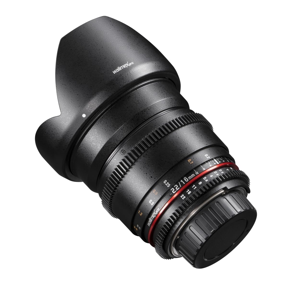 Walimex pro Obiettivo grandangolare video e foto 16mm 1:2.2 VCSC (filettatura filtro 77mm, paraluce, ghiera ingranaggi, apertura e messa a fuoco stepless) compatibile con baionetta Sony E nero
