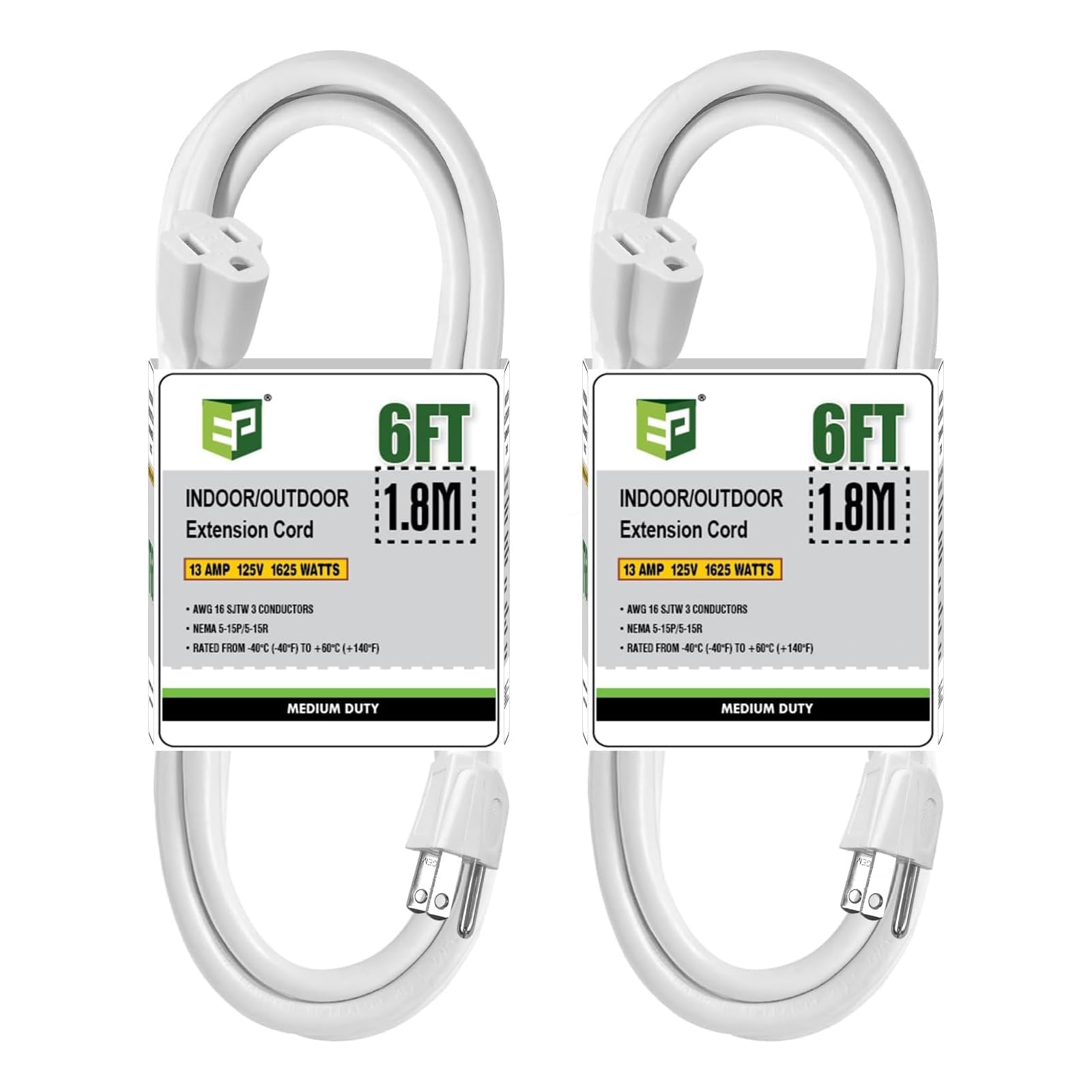 EP 6 FT Outdoor Extension Cord, 16/3 SJTW Heavy Duty White 2PK, ETL Listed