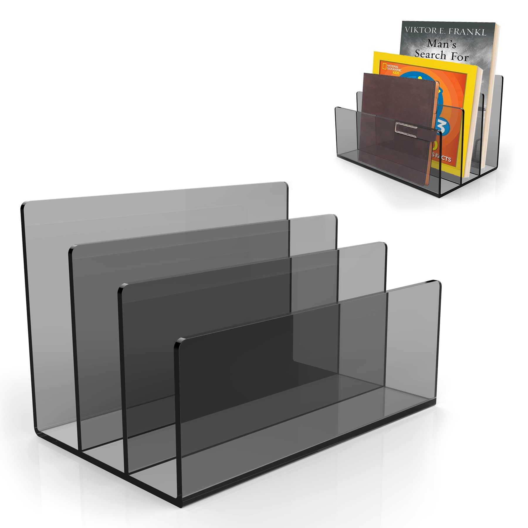Boloyo Acrylic File Holder,1PC 3 Sections Clear Black File Organizer Mail Letter Sorter Desktop Folder Holder for Home Office School Envelope Bill Filling Paper Document
