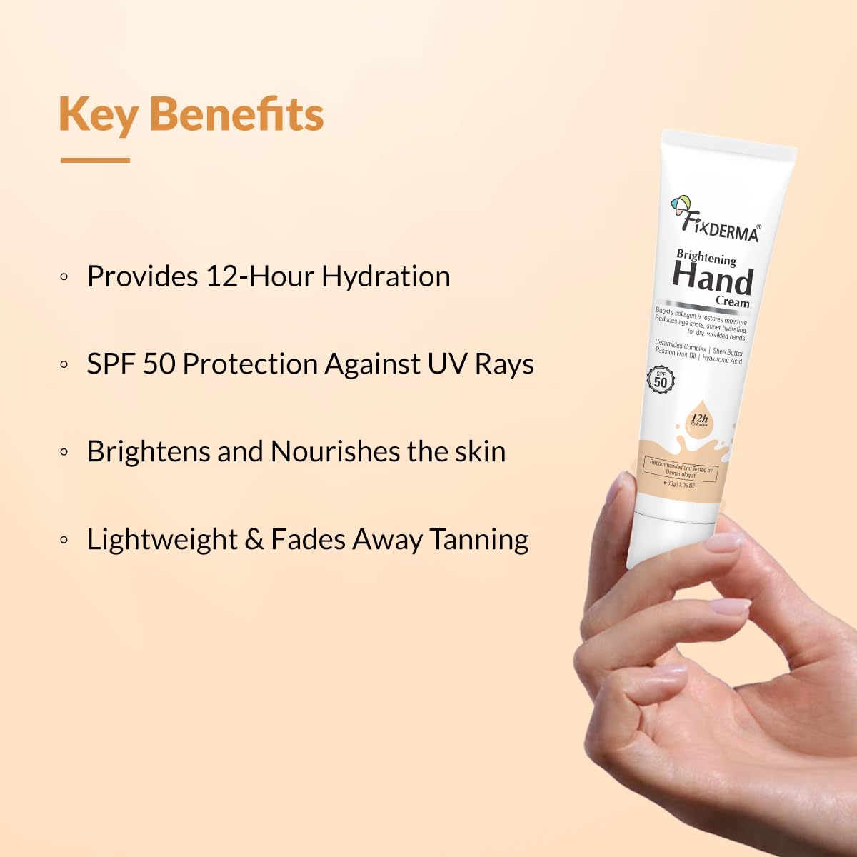 Fixderma Brightening Hand Cream for Women & Men | Hand Moisturizer | Kojic Acid Cream | Hand Cream for Dry and Rough Hands | Cream for Itchy Hand | Hand Cream with SPF 50 | All Skins Types - 30gm 1