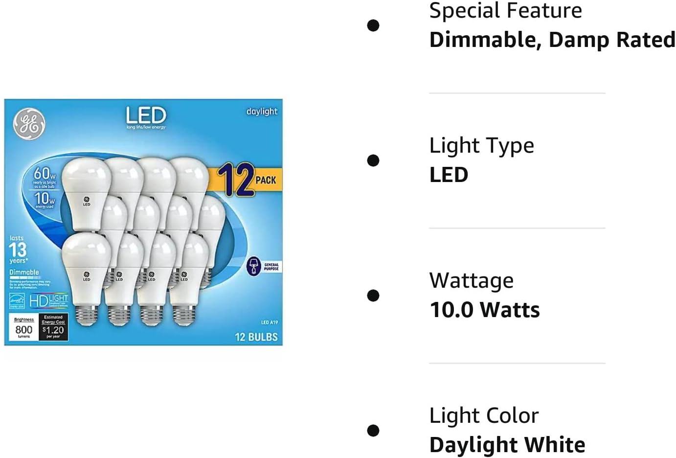 GE Daylight 60 Watt Replacement LED Light Bulbs, General Purpose, Dimmable Light Bulbs (Daylight, 12 Pack) (12)