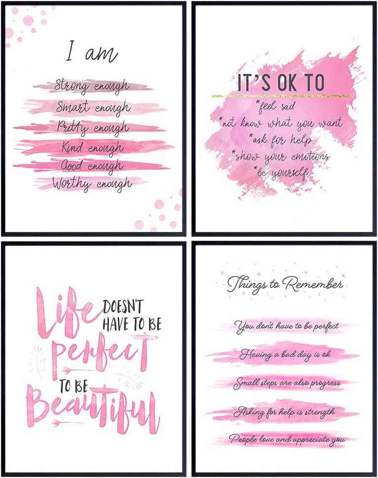 YELLOWBIRD ART & DESIGN Inspirational Quotes Wall Decor - Pink Motivational poster Set - Positive Affirmations Wall Art - Encouraging Gift for Women Girls - I Am - Inspiring Wall Art - UNFRAMED 8x10