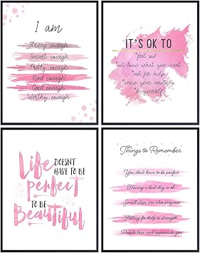 YELLOWBIRD ART & DESIGN Inspirational Quotes Wall Decor - Pink Motivational poster Set - Positive Affirmations Wall Art - Encouraging Gift for Women Girls - I Am - Inspiring Wall Art - UNFRAMED 8x10