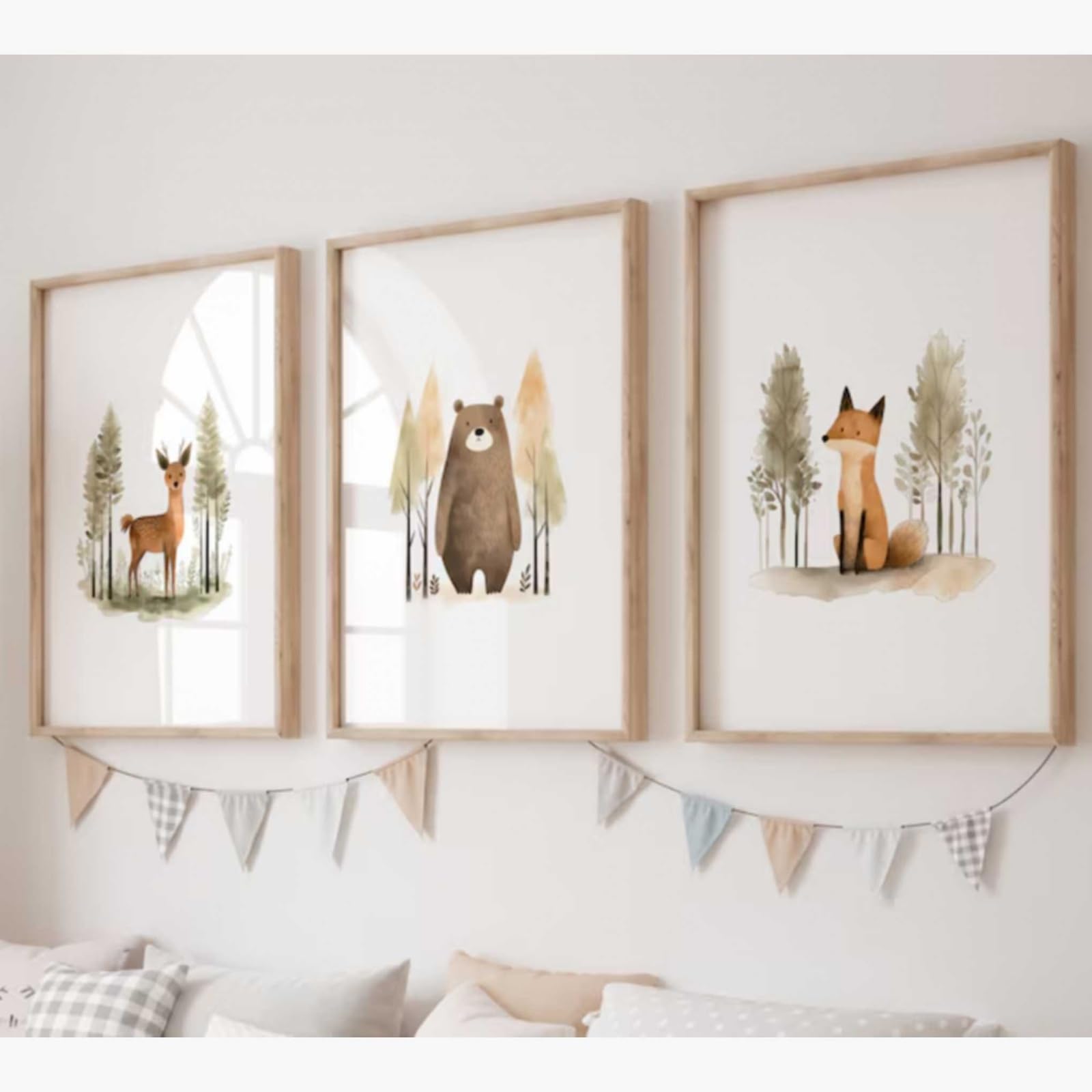 ZBELLO Set of 3 Posters, Woodland Nursery Canvas Wall Art, Watercolour Deer Bear Fox Prints for Kids Bedroom Baby Room Decor, Scandi Neutral Home Decor, Unframed (21 x 30 cm (unframed))