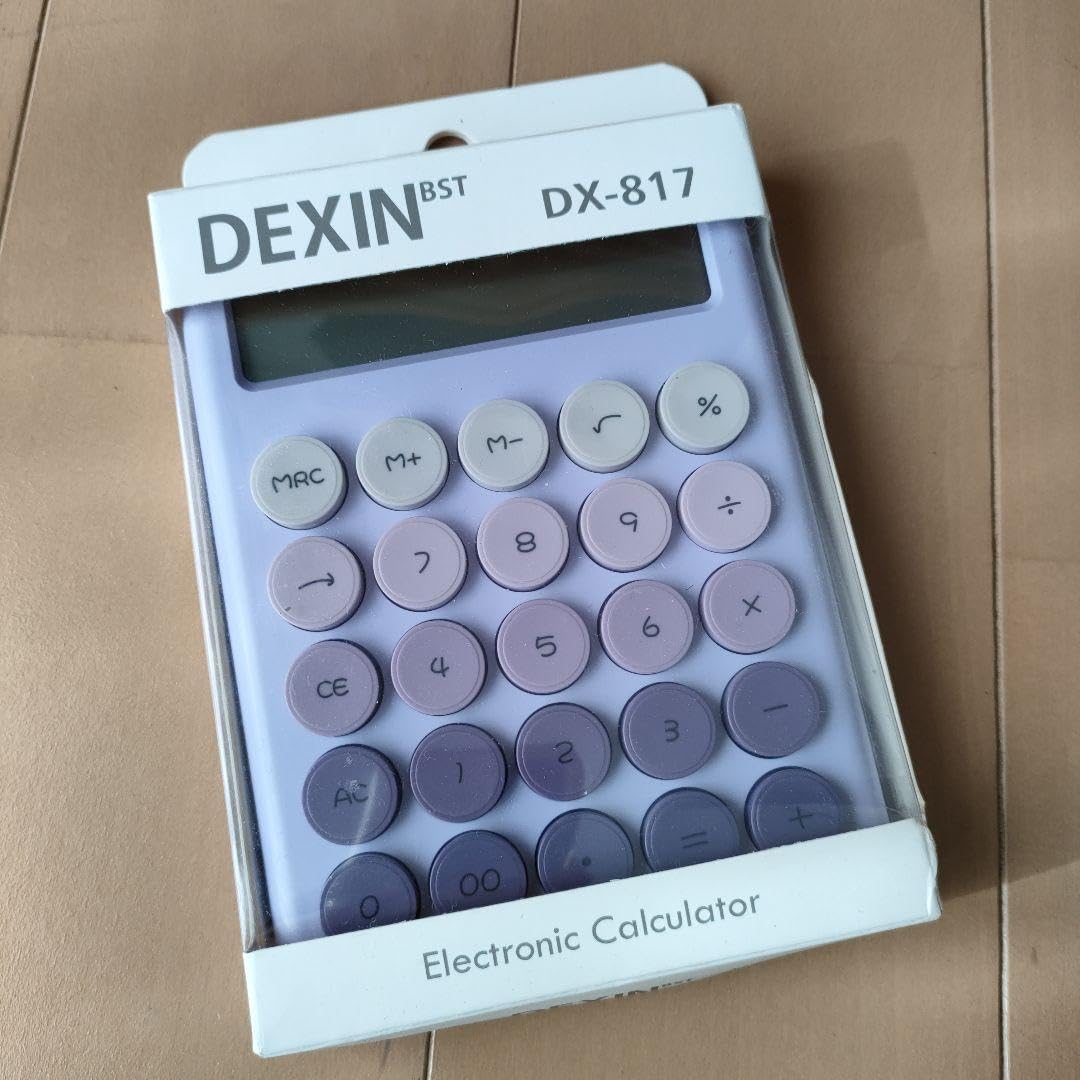 DEXIN DX-817 Electronic Calculator packaging showing the device and its features.