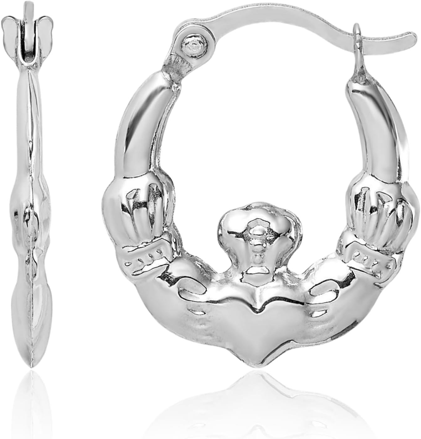 IceCarats 14K Solid White Gold Medium Heart Celtic Claddagh Hoop Earrings 16mm 5/8 inch Snap Back For Her