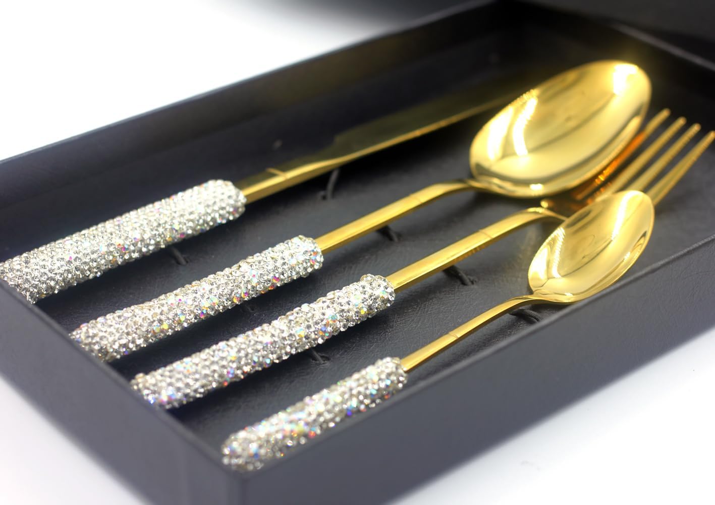 4 Pcs Bling Luxury Flatware Cutlery Set Rhinestone Crystal Stainless Steel Kitchenware Dinnerware Utensils, Spoon, Knife, Fork SET for Birthday Bridal Party Gift (Silver)