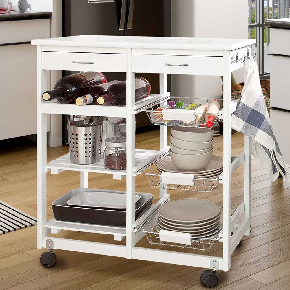BAKAJI Carrello da Cucina in Legno Trolley Salvaspazio 3 Scomparti 3 Cestelli Struttura Con Ruote Dimensione 67 x 37 x 75 cm Colore Bianco