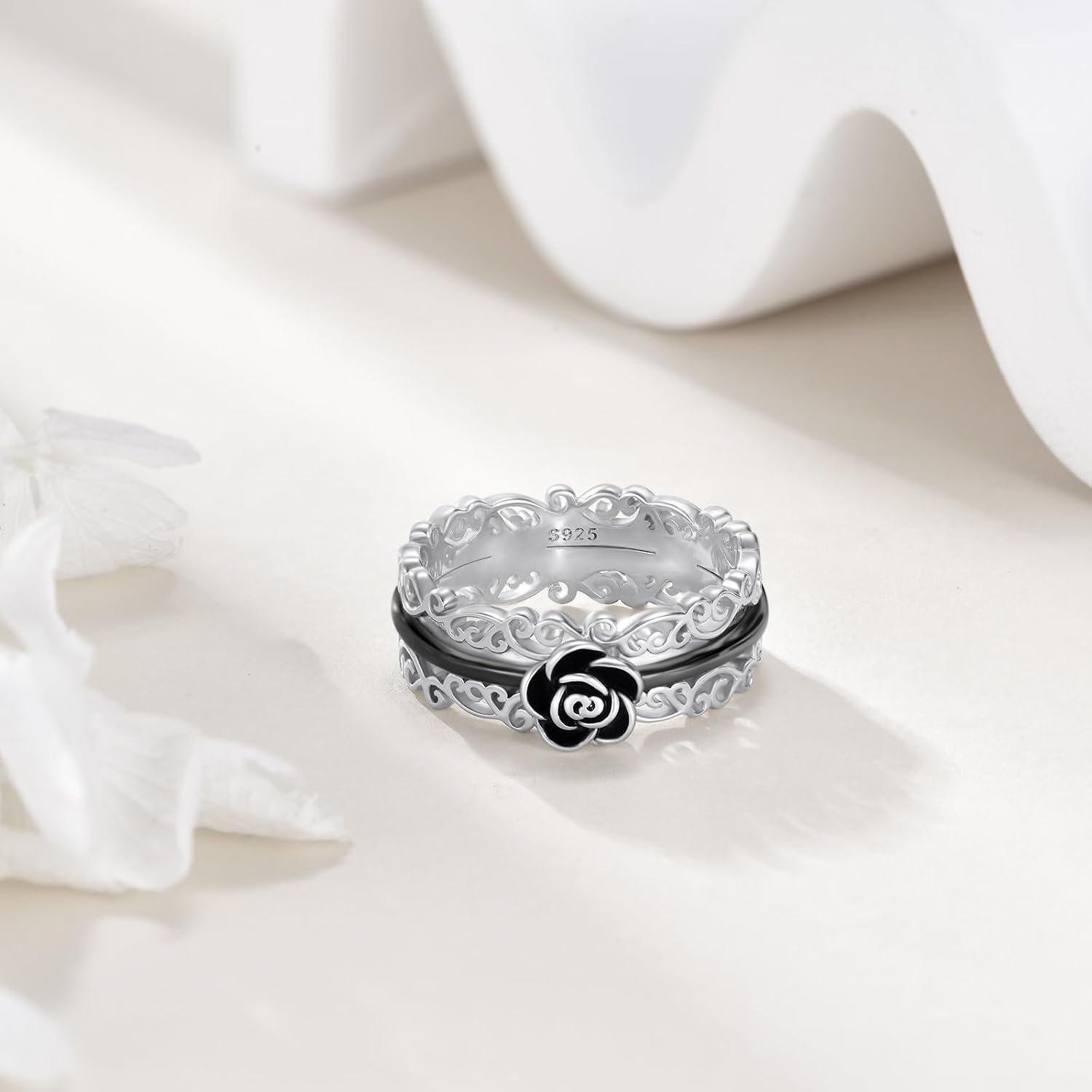VONALA Black Rose Ring for Women 925 Sterling Silver Vintage Flower Fidget Ring Anxiety Gothic Spinner Ring Gift for Her