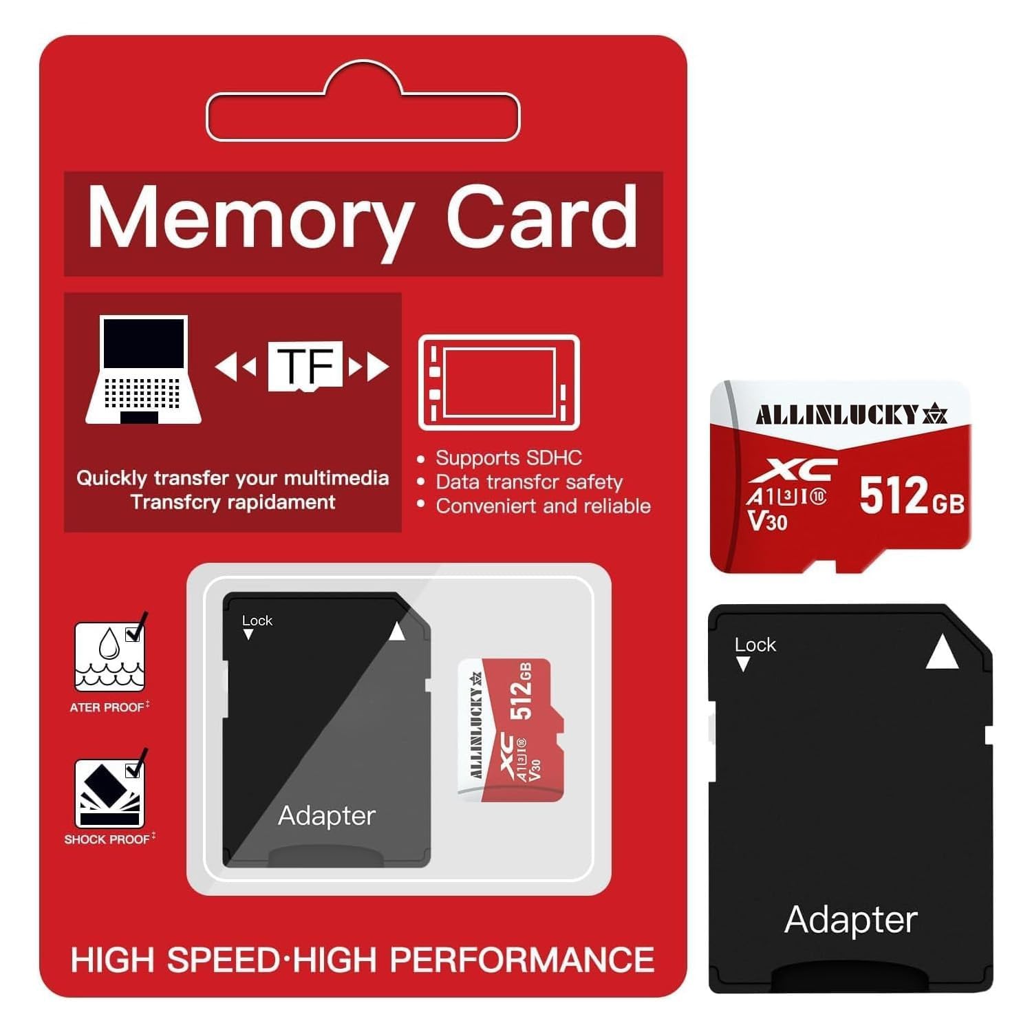 ALLINLUCKY 512GB Micro SD Card with Adapter, TF Card Full HD, Fast Speed Memory Card for Dash Cam/Tablet/Storage Phone/Camera/PC — view 4
