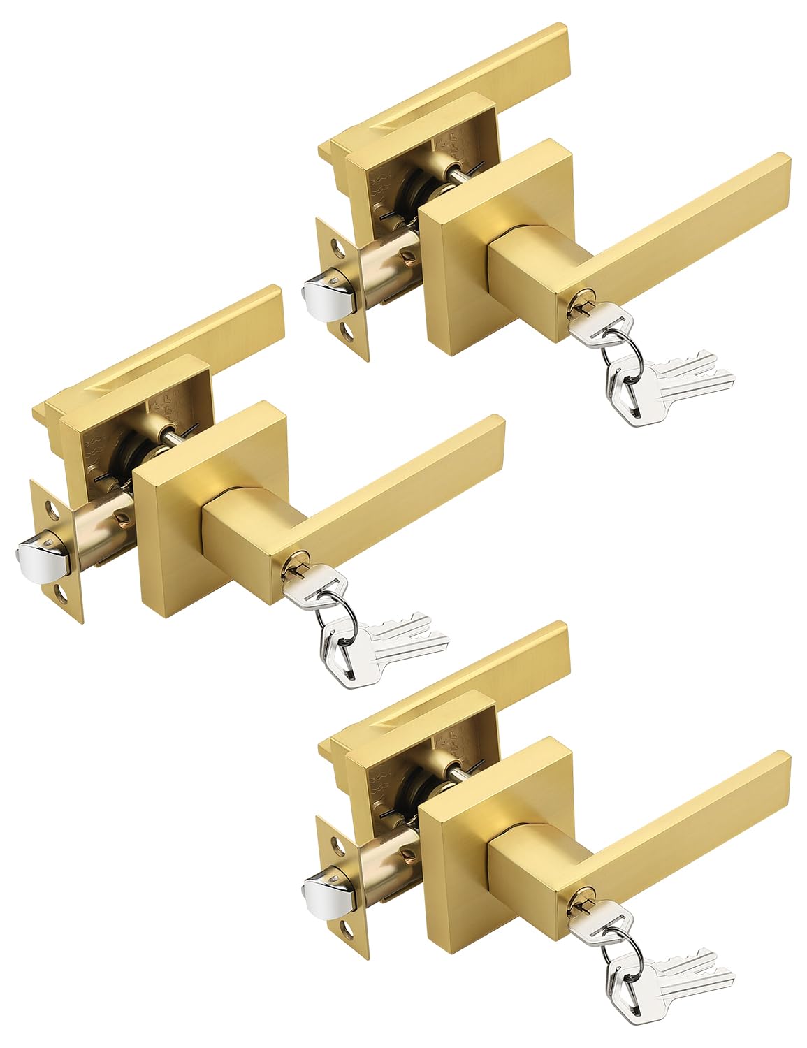 Levier de porte d'entrée avec serrure lot de 3 poignées dorées pour chambre et bureau