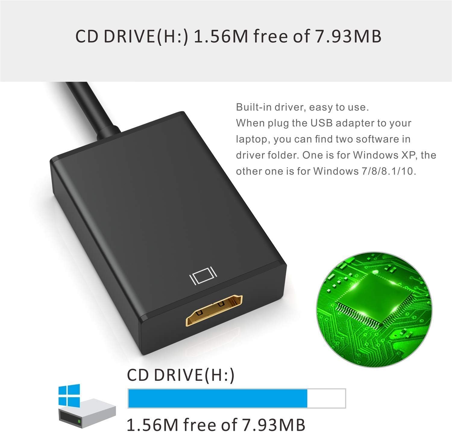 Fly Kan USB 3.0 to HDMI Video Adapter,USB Type-A to HDMI Converter with Indicator for Monitor,1080p/60Hz - External Graphics Video Display Card for Windows 11 and macOS,Slim and Lightweight Design