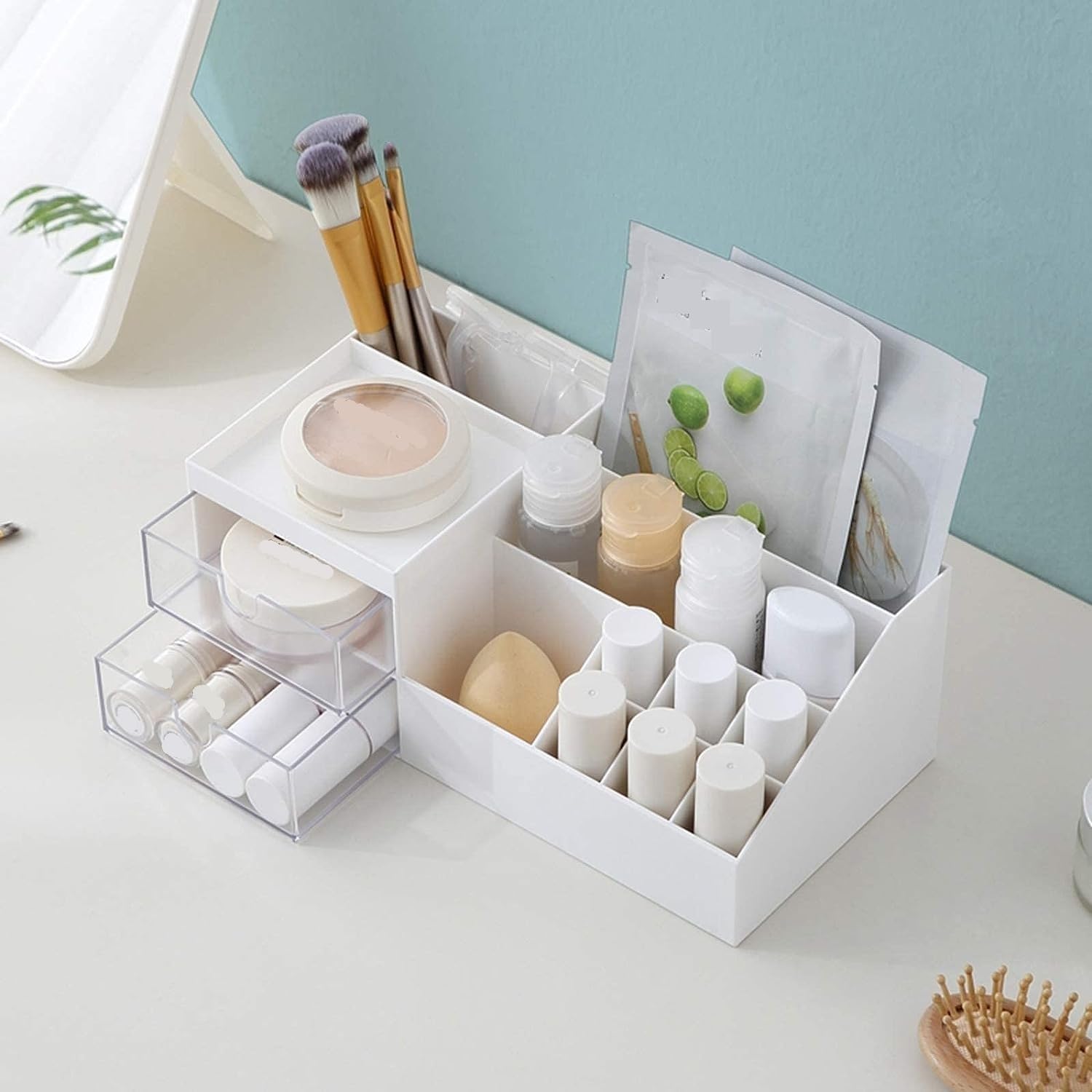 Biurko Organizator Przechowywanie Na Biurku Kosmetyki Do Makijażu Vanity Organizer Box Artykuły Biurowe Blat Łazienkowy Biuro(White)
