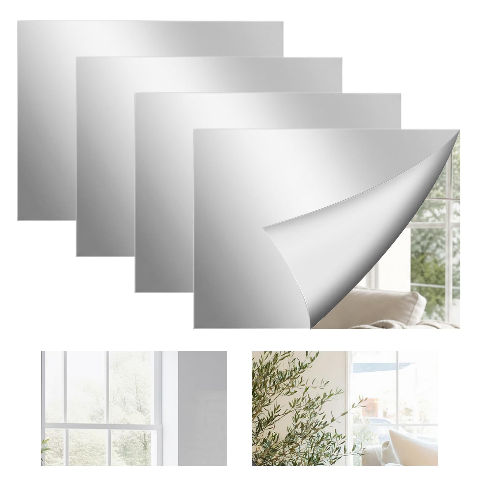 Zirax 4 Pack Self Adhesive Mirror Tiles 20x30cm, 1.5mm Thick Acrylic Wall Mirror Stickers, HD Clear Shatterproof Stick On Mirrors for Bedroom, Bathroom, Gym, Wardrobe Doors (Right Angle)