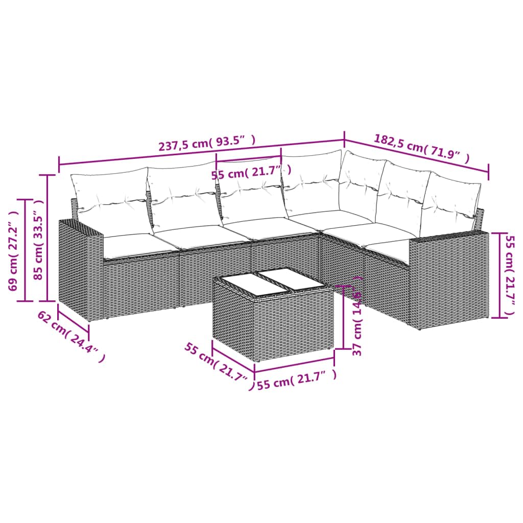 Ensemble de canapé de jardin 7 pièces avec coussins en polyrotin noir, salon modulaire pour terrasse, balcon, véranda, ensemble de meubles d'extérieur résistant aux intempéries avec espace de