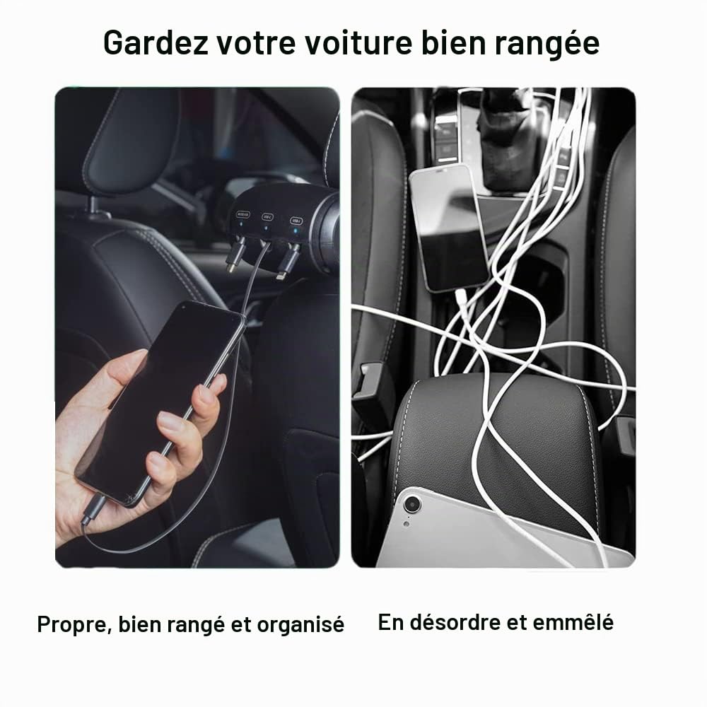 Riloer Câble de chargement de voiture 3 en 1, station de chargement de voiture, chargeur de voiture rétractable pour siège arrière de passagers, Android/Type C