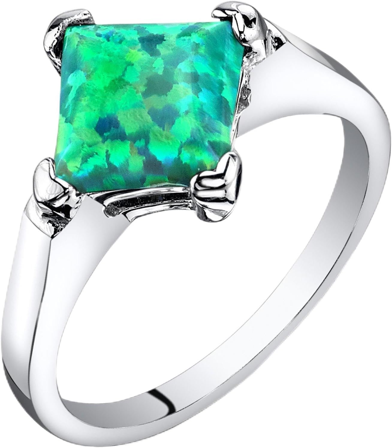 PEORA Created Green Fire Opal Classic Solitaire Ring for Women 925 Sterling Silver, 1 Carat Princess Cut 7mm, Sizes 5 to 9