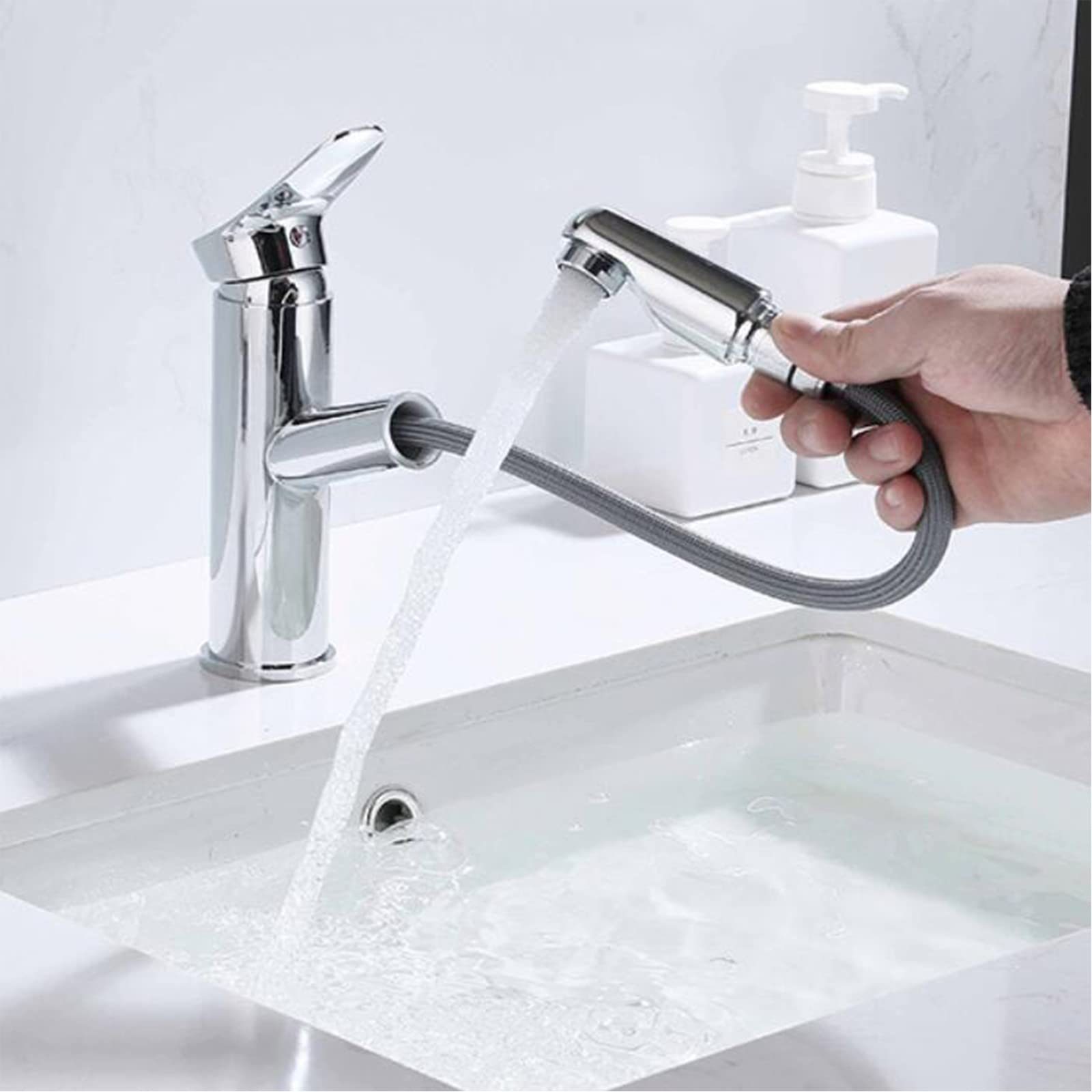 CCXXYGWJ Grifo de baño con Grifo extraíble para Lavabo de baño, Grifo Monomando para Lavabo, Grifo Mezclador de Agua fría y Caliente, aireador, Grifo para Lavabo de baño, Grifo de Lavabo Cromado de
