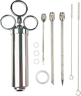 JasCherry Seringue de Saveur, Seringue de Viandede 60 ML, Seringue à Marinade à épices en Acier Inoxydable pour Barbecue- avec Brosse de Nettoyage et 3 Aiguilles pour Barbecue(Argent)