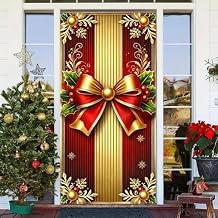 BlissYard Christmas Door Cover 71x35 Inch Gift Box Door Banner, Merry Christmas Winter Porch Sign with Red and Gold Bow, Holiday Entry Decor Indoor Outdoor Farmhouse Party Hanging Cover