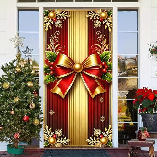 Blissyard Merry Christmas Deurhoes, 89,9 x 180,9 cm, kerstgeschenkdoos, hangende banner, wintervakantiedecoratie, raamstrik, rode strepen deurafdekking en