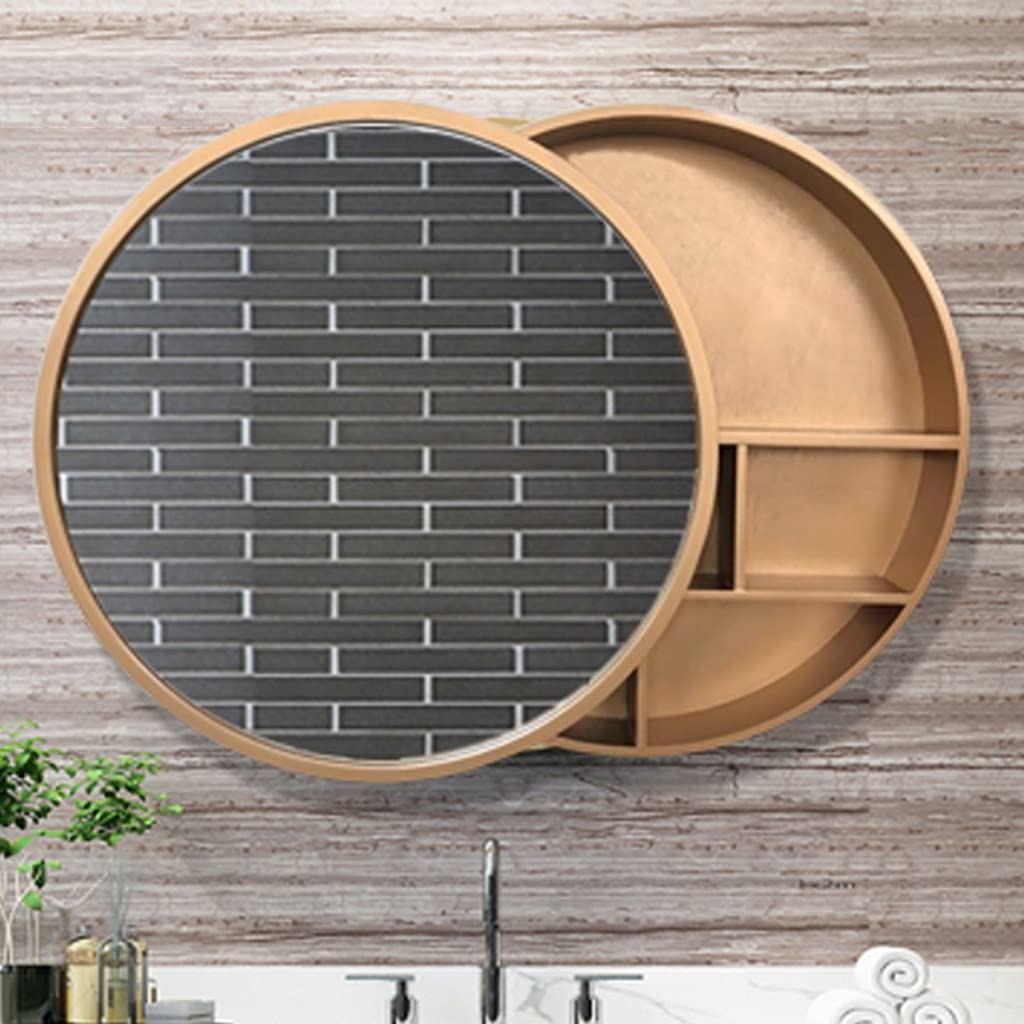 Gabinetes con Espejo Espejo Redondo para baño Estante Doble Colgante Redondo con Espejo para Guardar medicamentos o Accesorios de baño Gabinete para medicamentos con Espejo (Color : Gold, Si