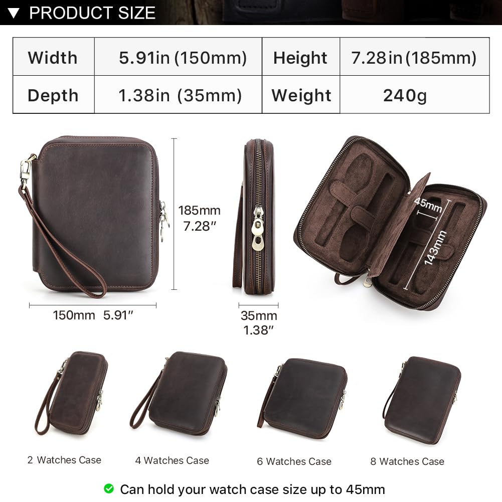 CONTACTS Étui de rangement fin en cuir véritable avec fermeture éclair et sangles de fixation pour montres - Café - 4 emplacements