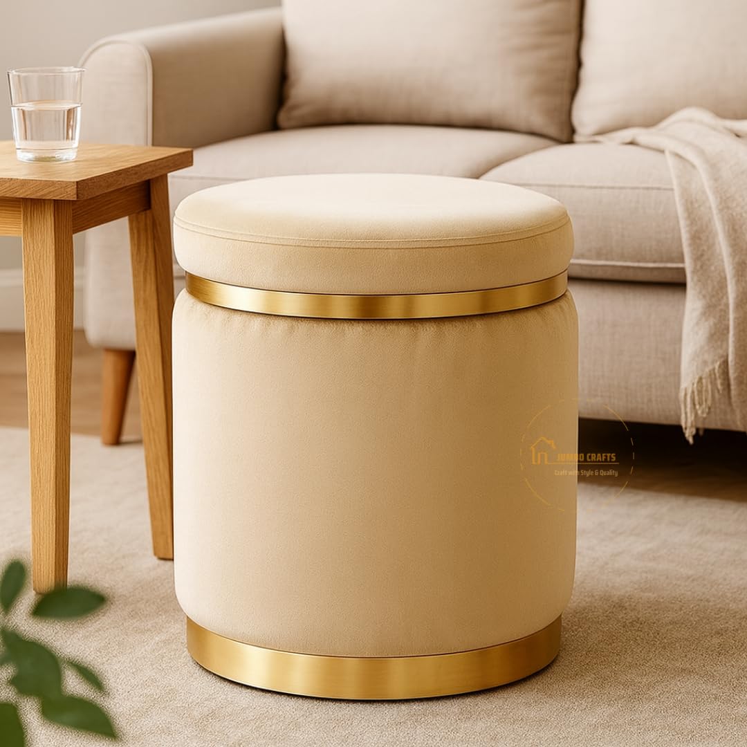 JUMBO CRAFTS Elegant Small Wooden Velvet Ottoman - Puffy Stool for Living Room - Perfect Storage Footrest for Living Room, Bedroom, or Office Multifunctional Footrest, Seat and Organizer - Cream