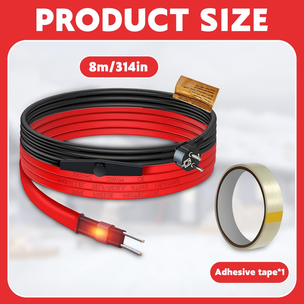 230V Cavo Riscaldante Antigelo, 8m Cavo Scaldante Autoregolante, Riscaldante con Termostato, Tubi di Riscaldamento per Tubo Dell'acqua, Metallo/Plastica, Grondaie, Piante