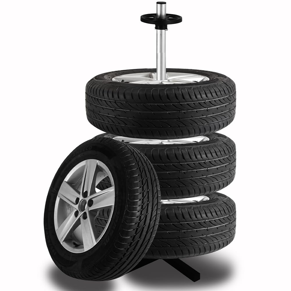 Albero Asta Porta Pneumatici con 4 Supporti per Cerchioni da Auto, Camion, Moto, Scaffale Portagomme Salvaspazio per Gommista, Officina, Meccanico, Struttura in Ferro Resistente