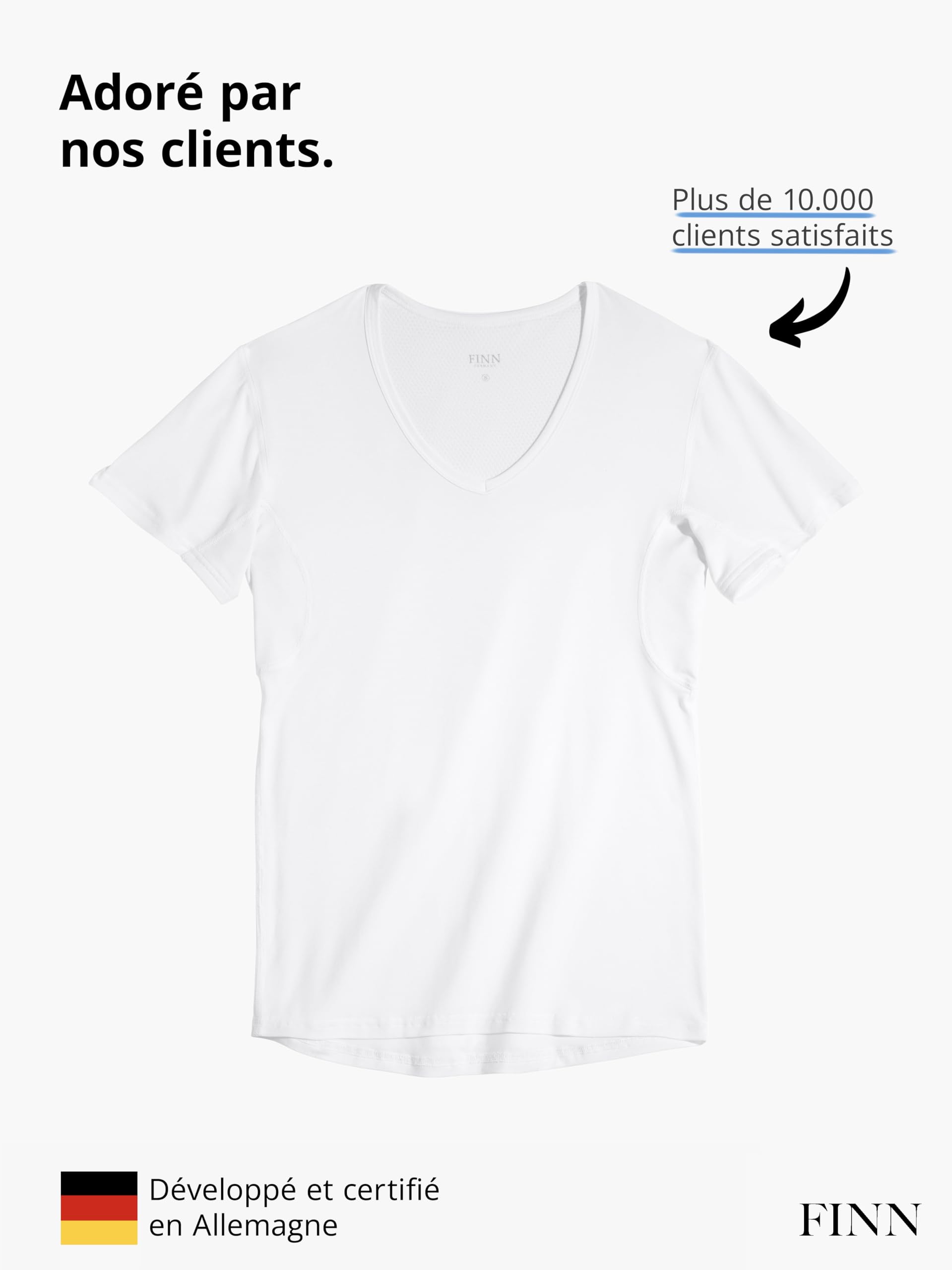 FINN T-Shirt Anti-Transpiration pour Hommes avec col en V et Patchs intégrés aux aisselles pour la Forte Transpiration - Maillot de Corps Contre Les odeurs et Les Taches de Sueur