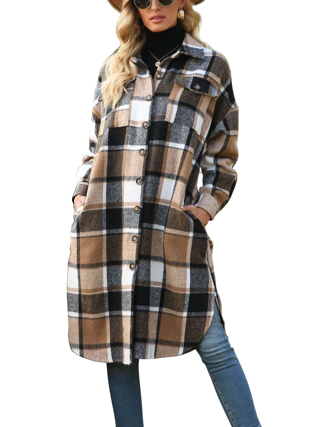happlanWomen's Plaid Shacket Casual Flannel Shirt Jacket Loose Lapel Wool Blend Coat Oversized