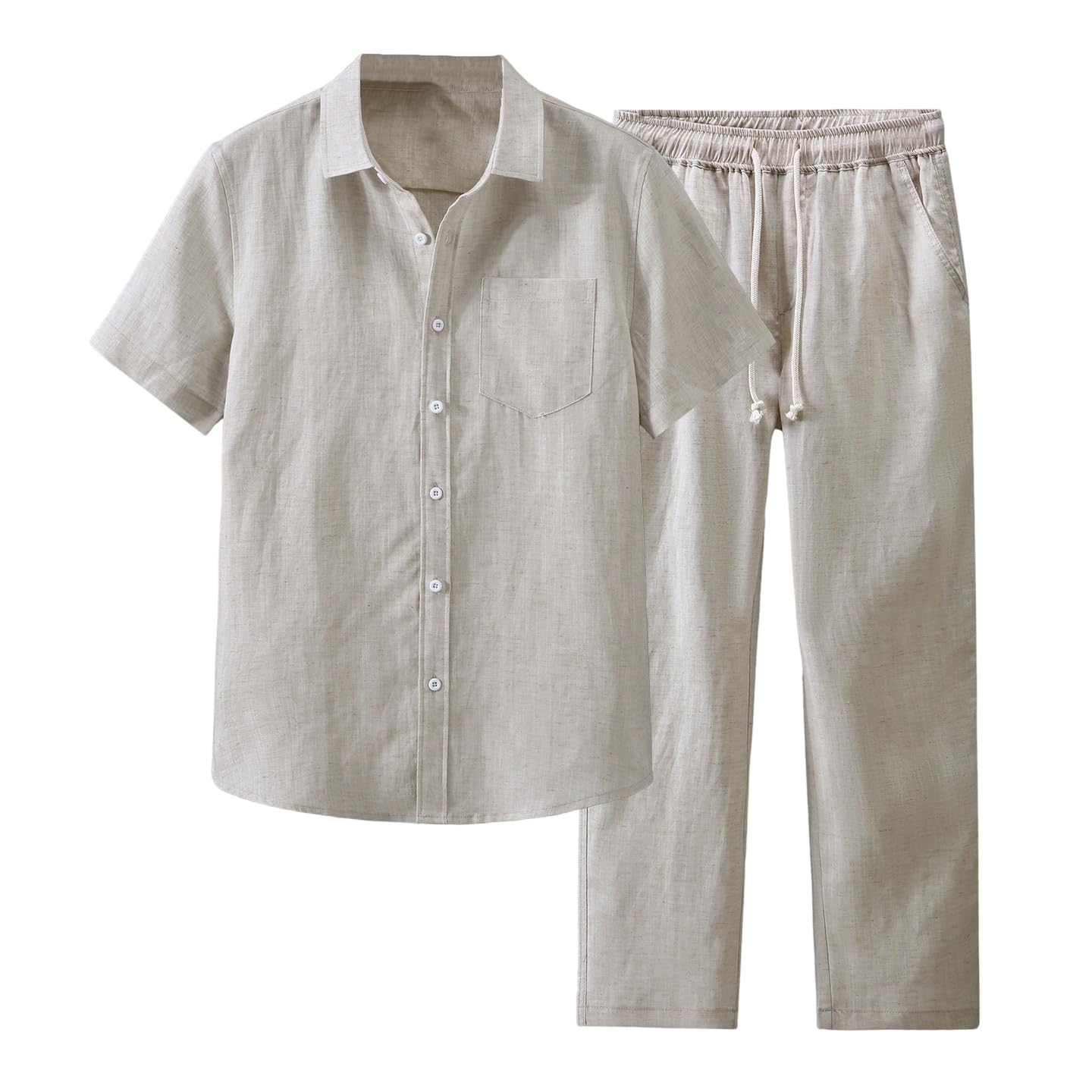 Lyocell Blend - Completo da uomo a maniche corte casual | Colletto rovesciato, tasca sul petto, pantaloni a gamba dritta, abbigliamento quotidiano estivo