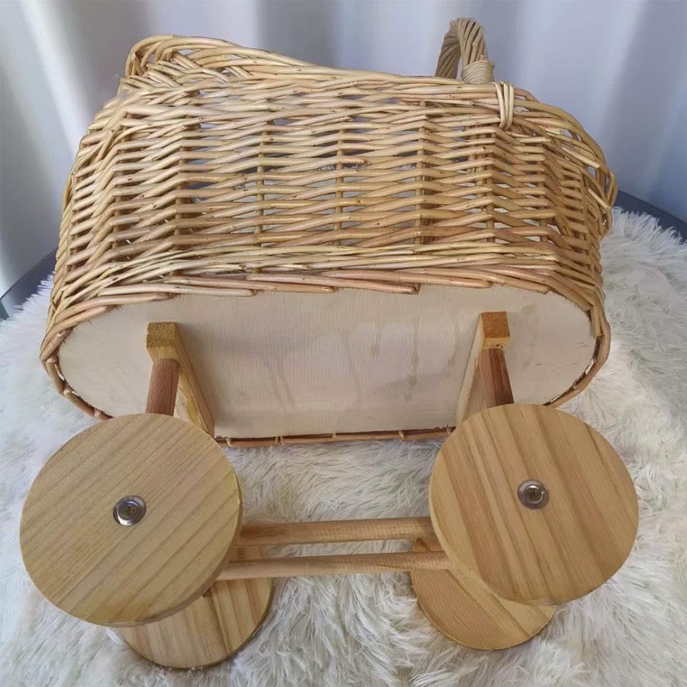 Woven Rattan Stroller Shaped Flower Basket,Vintage Wicker Carriage Basket with Handle, Handwoven Floral Arrangement Holder,Rustic Home Decor for Flower Girl, Wedding & Baby Shower Decor, (Brown L)