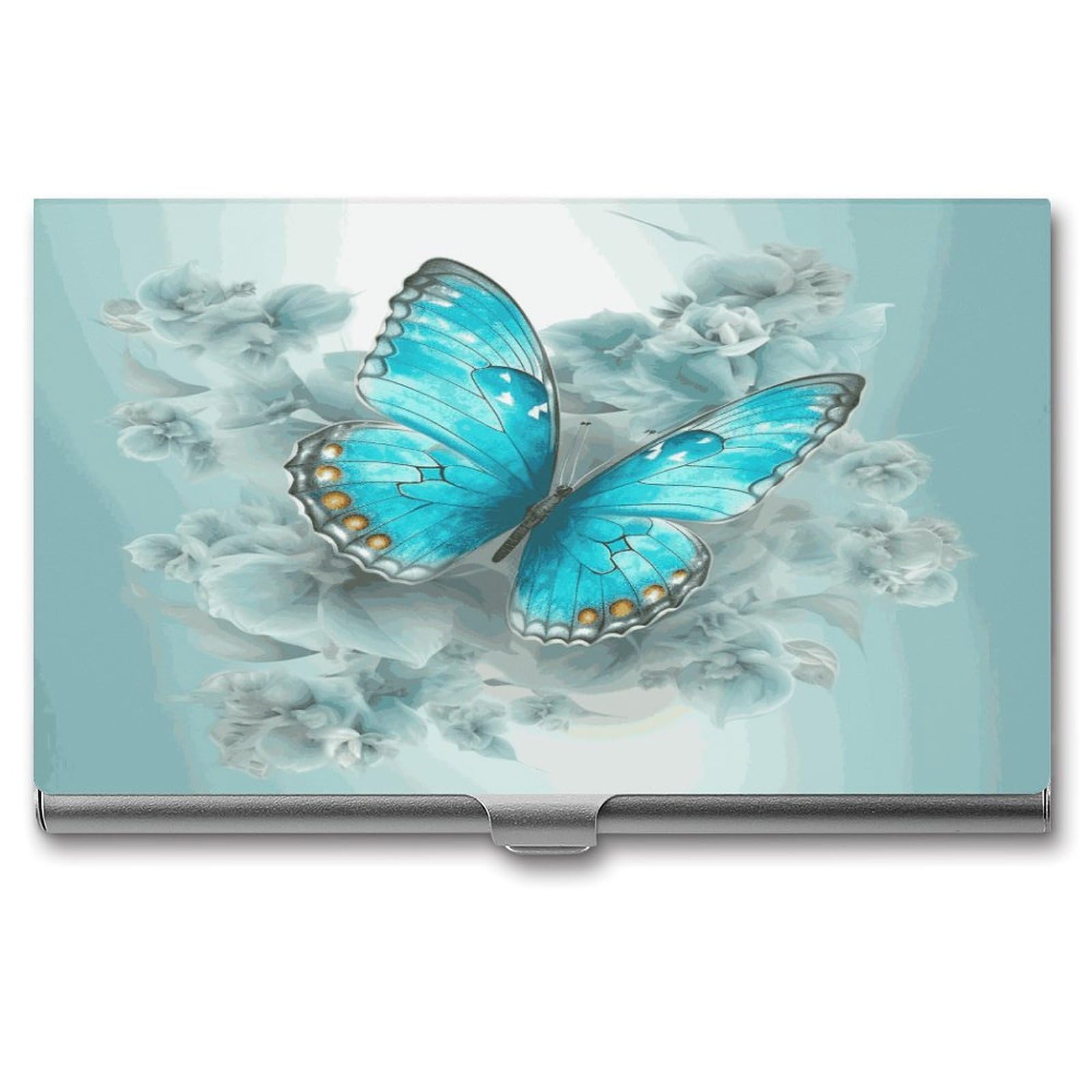 Porte-cartes de visite papillon bleu clair en métal léger pour réunions et salons