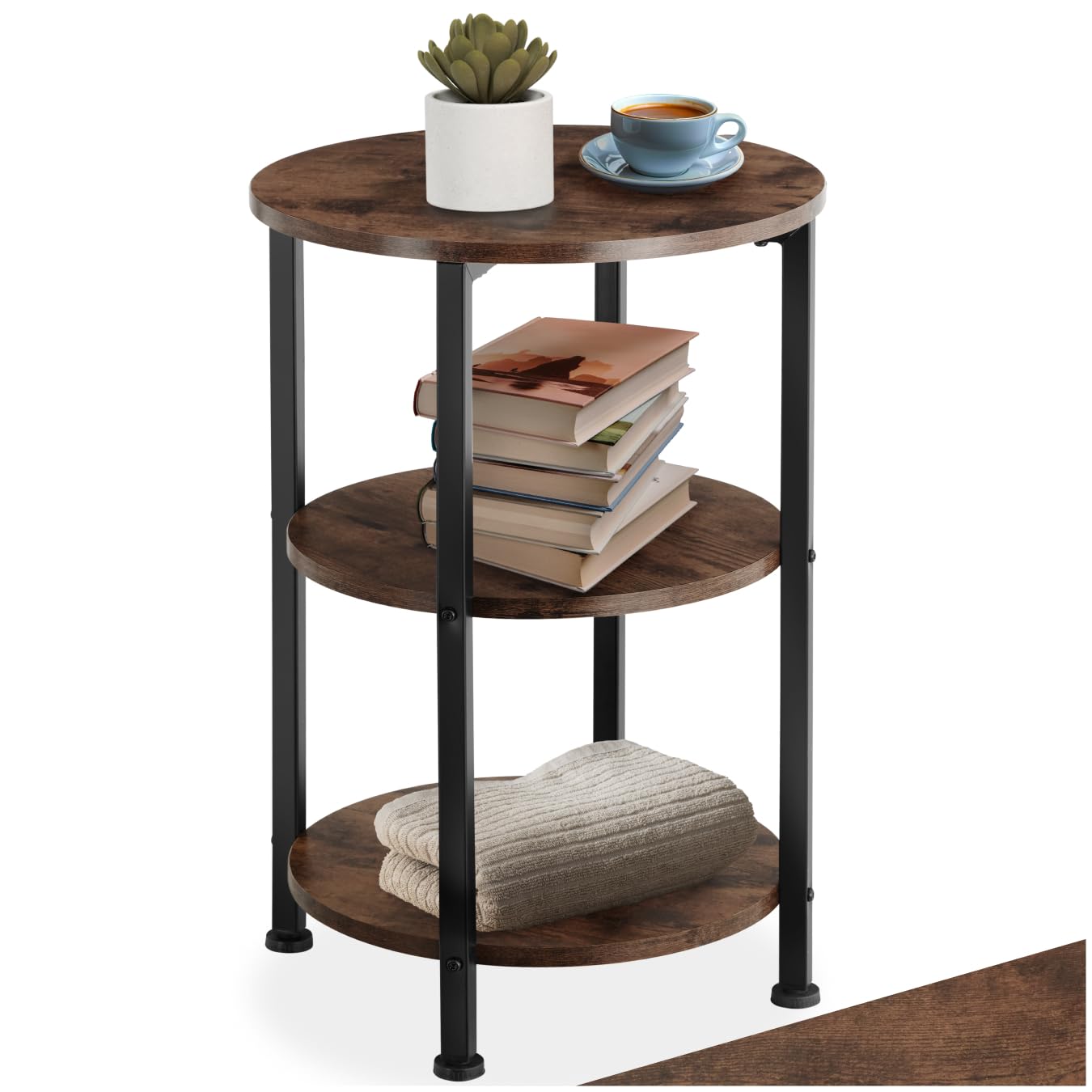 Table Basse Ronde Style Industriel - 80x46 Cm, 2 étagères, Pieds Réglables - Bois Clair Et Métal Noir - 5